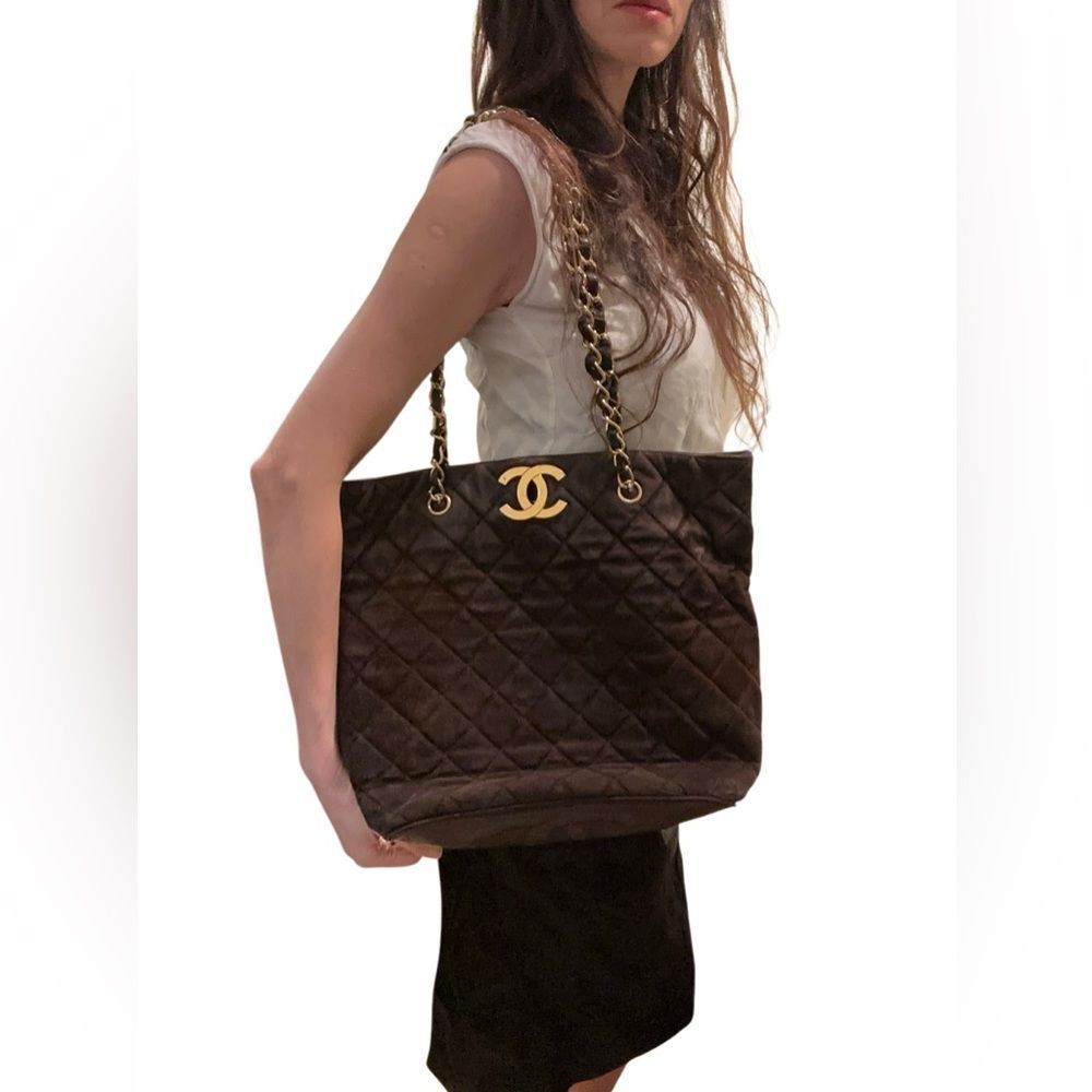 CHANEL Dark Brown Quilted Tote with Gold Chain - Picture 14 of 16